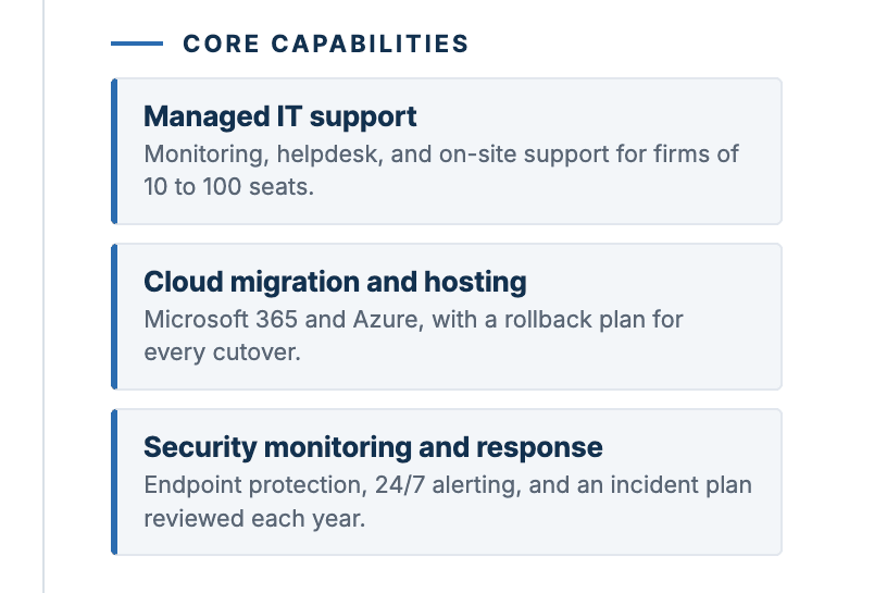 The core capabilities column: managed IT support, cloud migration and hosting, security monitoring and response, each with one line of detail.