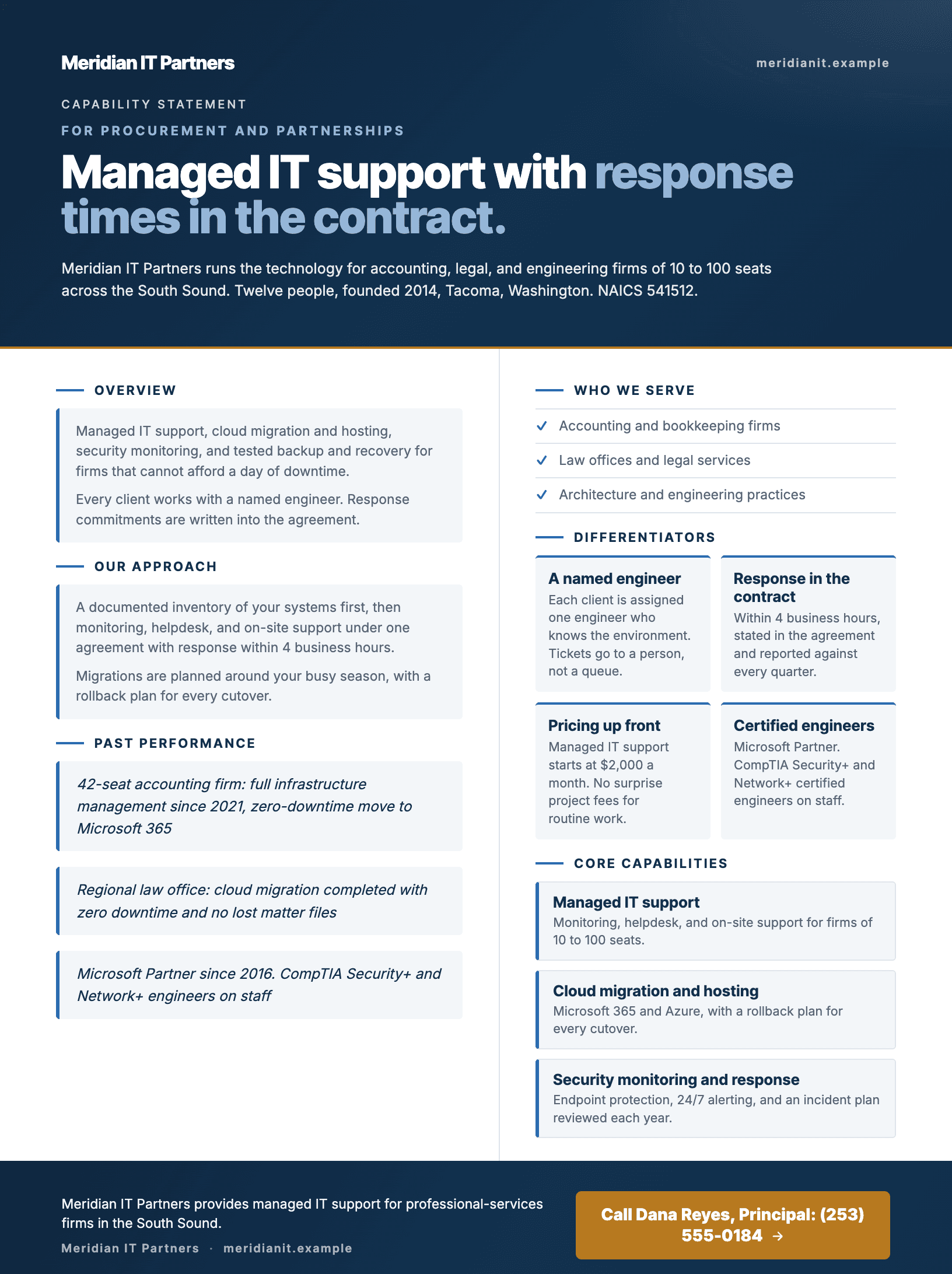 One-page capability statement for Meridian IT Partners: overview, approach, who they serve, four differentiators, three core capabilities, past performance, and a contact line. Opens full size in a new tab.