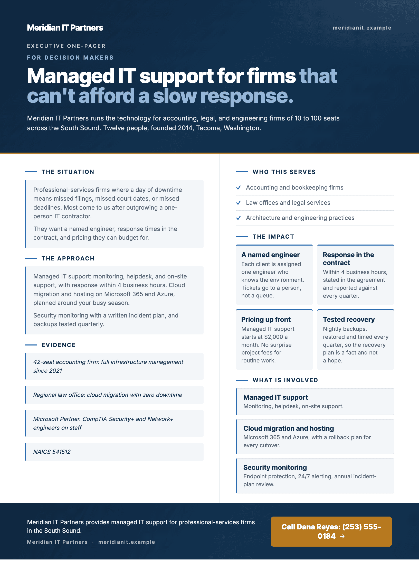 One-page company overview for Meridian IT Partners: headline, who they serve, the situation and approach, four impact points, three services, evidence, and a point of contact. Opens full size in a new tab.